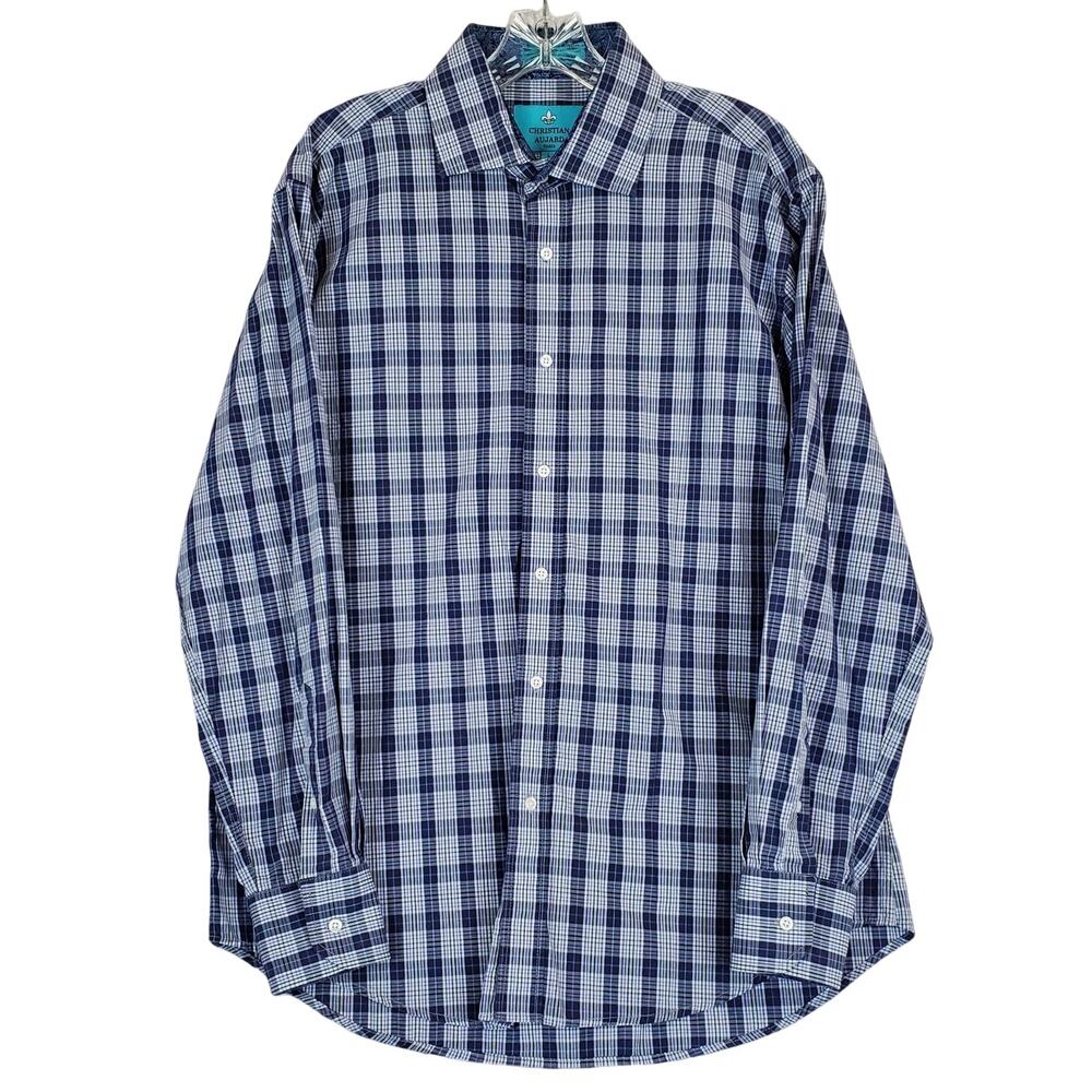 Christian Aujard Paris Blue Plaid Check Shirt Sz L Long Sleeve Buttoned Collared